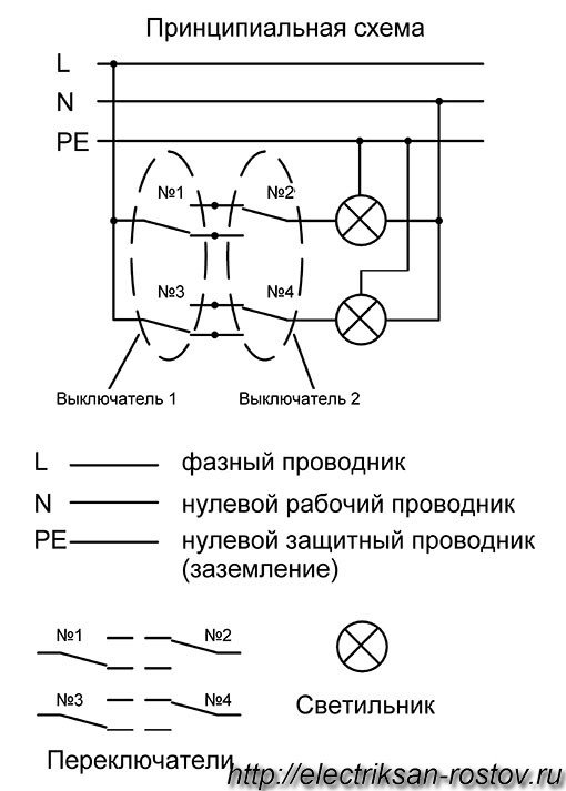 Схема подключения двухклавишного проходного выключателя в распределительной коробке 1
