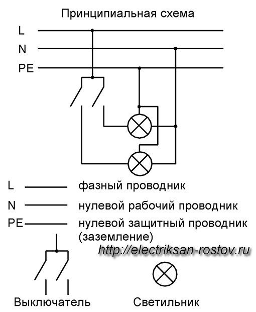 Схема подключения двухклавишного выключателя в распределительной коробке 1