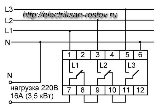 Схема подключения переключателя фаз ПЭФ-301 16