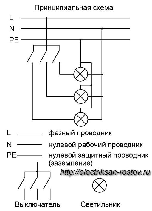 Схема подключения трехклавишного выключателя в распределительной коробке 1